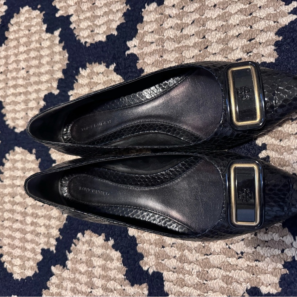Tory Burch Black Snakeskin Flats with Gold Buckle